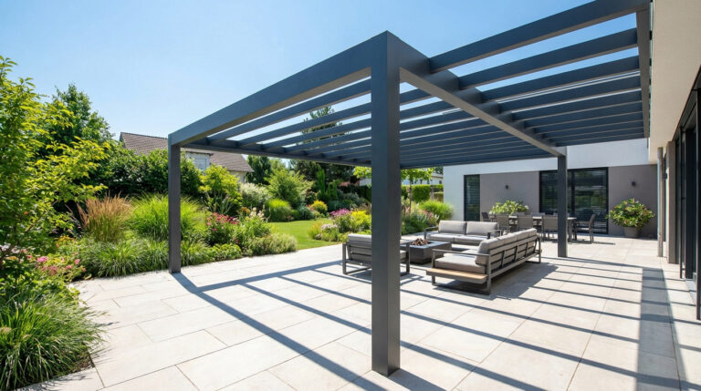 Grande pergola en acier anthracite sur une terrasse moderne avec mobilier de jardin, donnant sur un jardin verdoyant sous un ciel bleu.