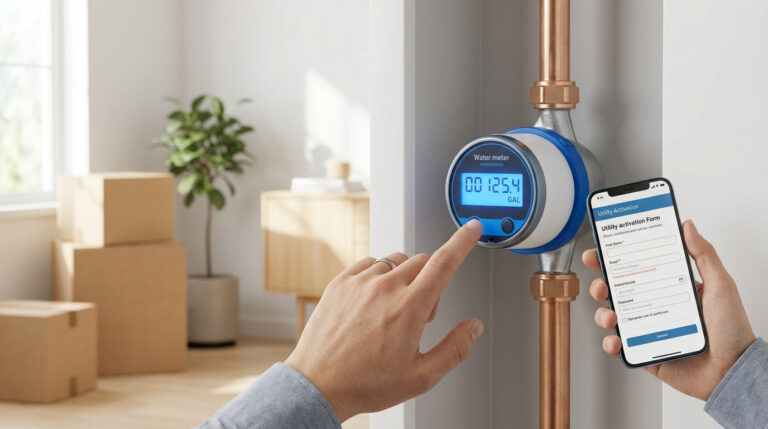 Main activant un compteur d'eau numérique et remplissant un formulaire d'ouverture de service sur smartphone.