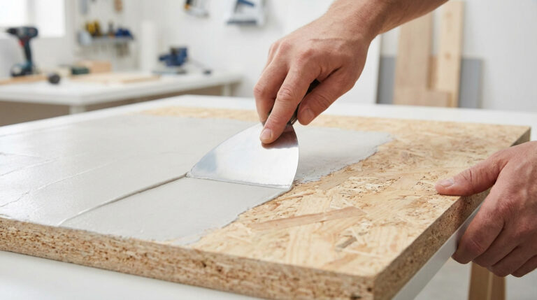 Mains appliquant un enduit gris clair sur un panneau de bois aggloméré avec une spatule, dans un atelier.