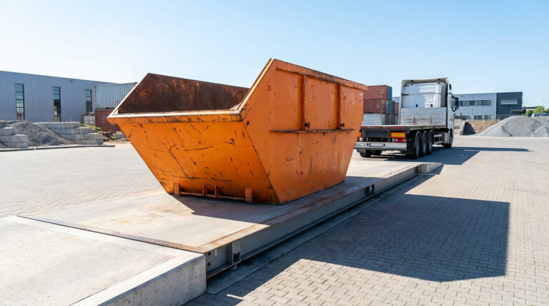 Grande benne industrielle orange sur un pont-bascule extérieur, avec camion et bâtiments de stockage.