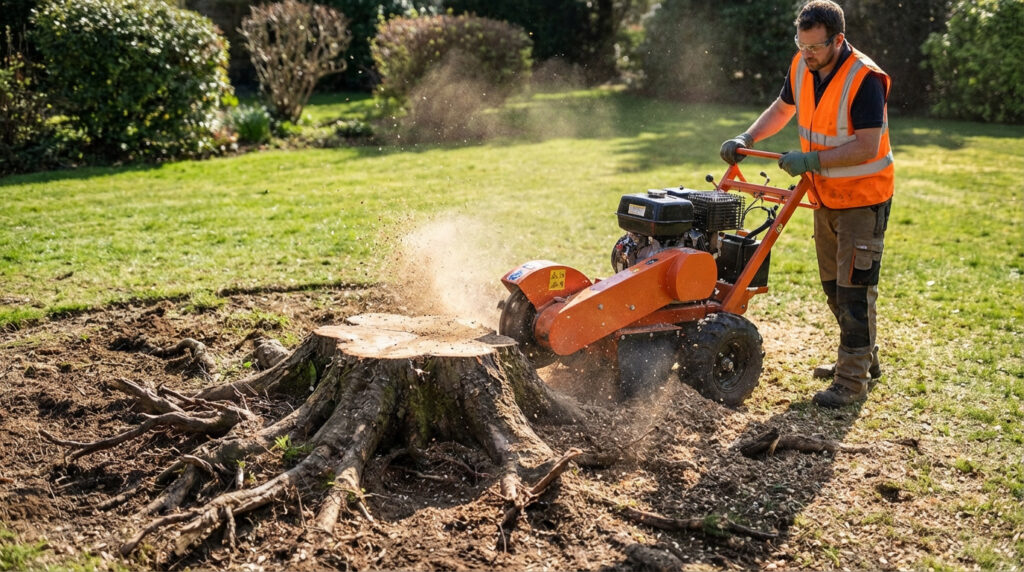 Un homme en gilet de sécurité orange utilise une rogneuse pour enlever une souche d'arbre dans un jardin herbeux.