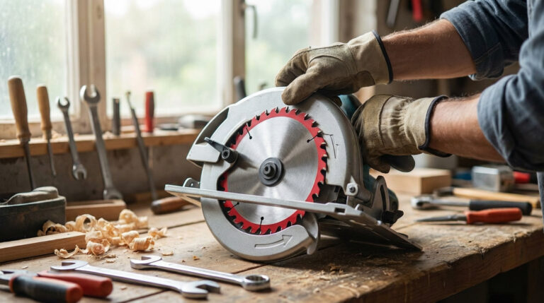 Mains gantées d'un artisan changeant la lame rouge d'une scie circulaire sur un établi en bois, entouré d'outils et copeaux.