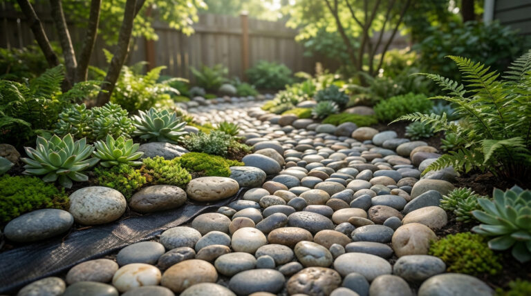 Chemin de jardin sinueux fait de galets gris et bruns, bordé de succulentes, de fougères et de mousse verte sous un soleil doux.