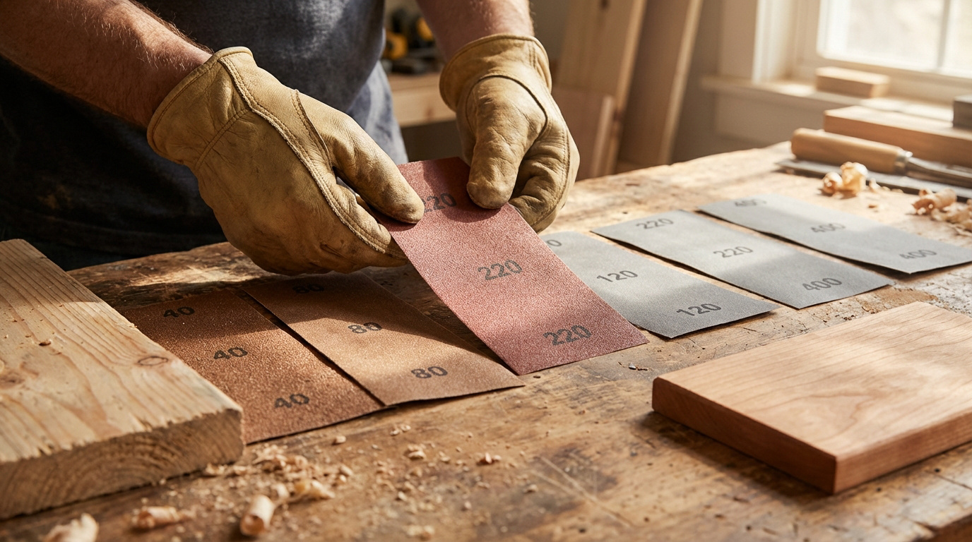 Un artisan ganté choisit une feuille de papier de verre grain 220 parmi un assortiment de différents grains sur un établi en bois.