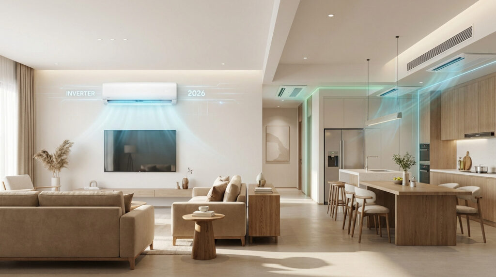 Salon et cuisine modernes avec unités de climatisation visibles : un monosplit mural et des unités multisplit au plafond.