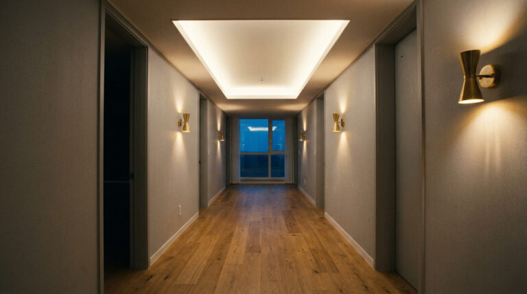 Couloir moderne et élégant. Sol en bois, murs clairs. Plafond lumineux intégré et appliques murales dorées créant une ambiance chaleureuse.