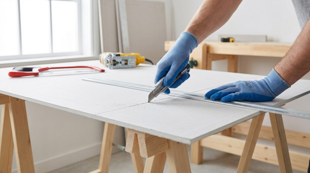 Personne coupant du placo avec un cutter et une règle, portant des gants bleus. Une scie sauteuse et une scie à main sont en arrière-plan.
