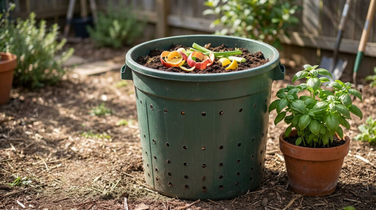 Un composteur vert en plastique perforé, rempli de déchets organiques, posé dans un jardin avec un pot de basilic.