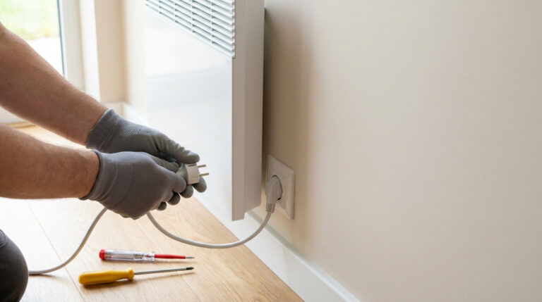 Mains gantées débranchant une fiche de radiateur électrique d'une prise murale. Des tournevis sont au sol. Souligne la sécurité.