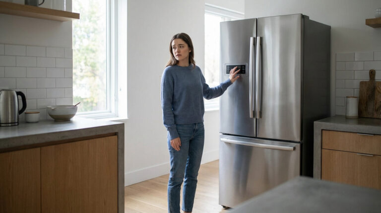 Une femme vérifie les réglages de son réfrigérateur en inox, l'air préoccupé, dans une cuisine moderne et lumineuse.