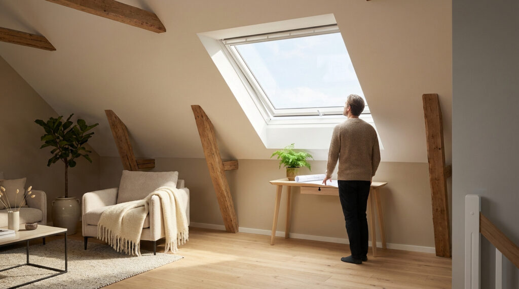 Homme admirant la vue depuis une grande fenêtre de toit dans un grenier aménagé moderne avec poutres apparentes.