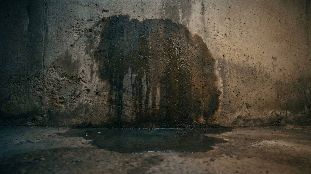 Mur de cave en béton brut avec une large tache sombre d'infiltration d'eau et une flaque stagnante sur le sol sombre.