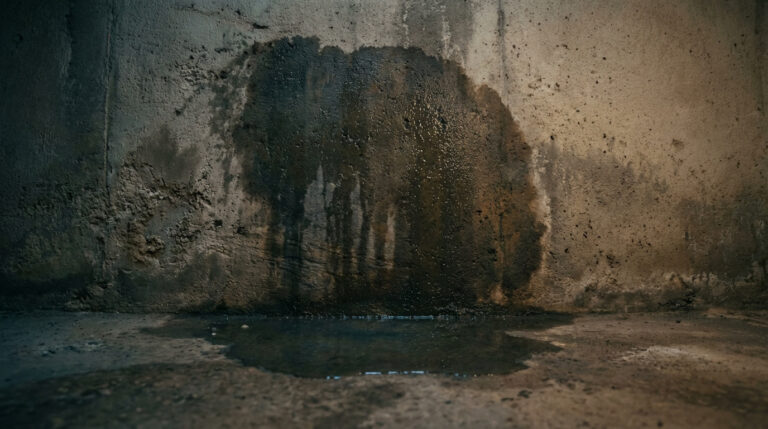 Mur de cave en béton brut avec une large tache sombre d'infiltration d'eau et une flaque stagnante sur le sol sombre.