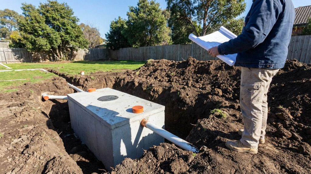 Fosse septique en béton installée dans une tranchée, tuyaux apparents. Un technicien examine les plans à côté des excavations.