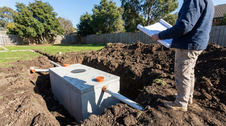 Fosse septique en béton installée dans une tranchée, tuyaux apparents. Un technicien examine les plans à côté des excavations.