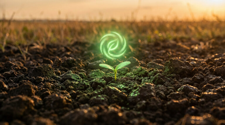 Jeune pousse verte sur terre sombre et fertile, surmontée d'un symbole lumineux d'énergie naturelle, sous un soleil couchant.