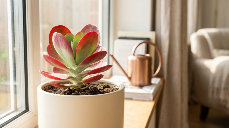 Un Kalanchoe thyrsiflora en pot beige sur un rebord de fenêtre ensoleillé, avec ses feuilles vertes et rouges. Un arrosoir en cuivre est en arrière-plan.
