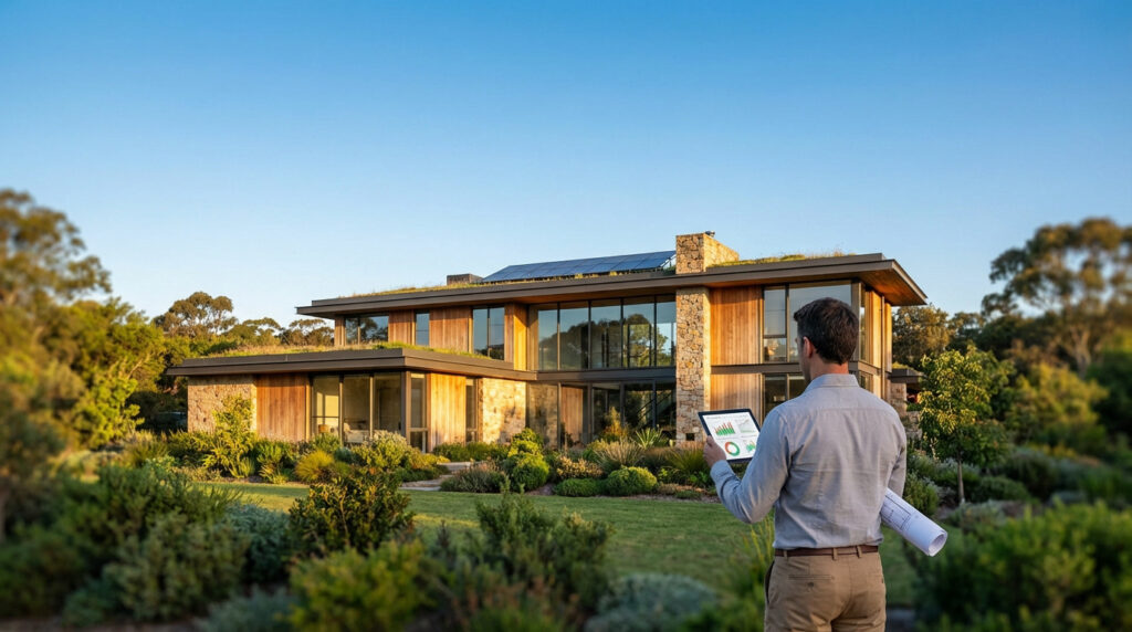 Homme analysant des données énergétiques sur tablette devant une maison moderne avec toits verts et panneaux solaires.