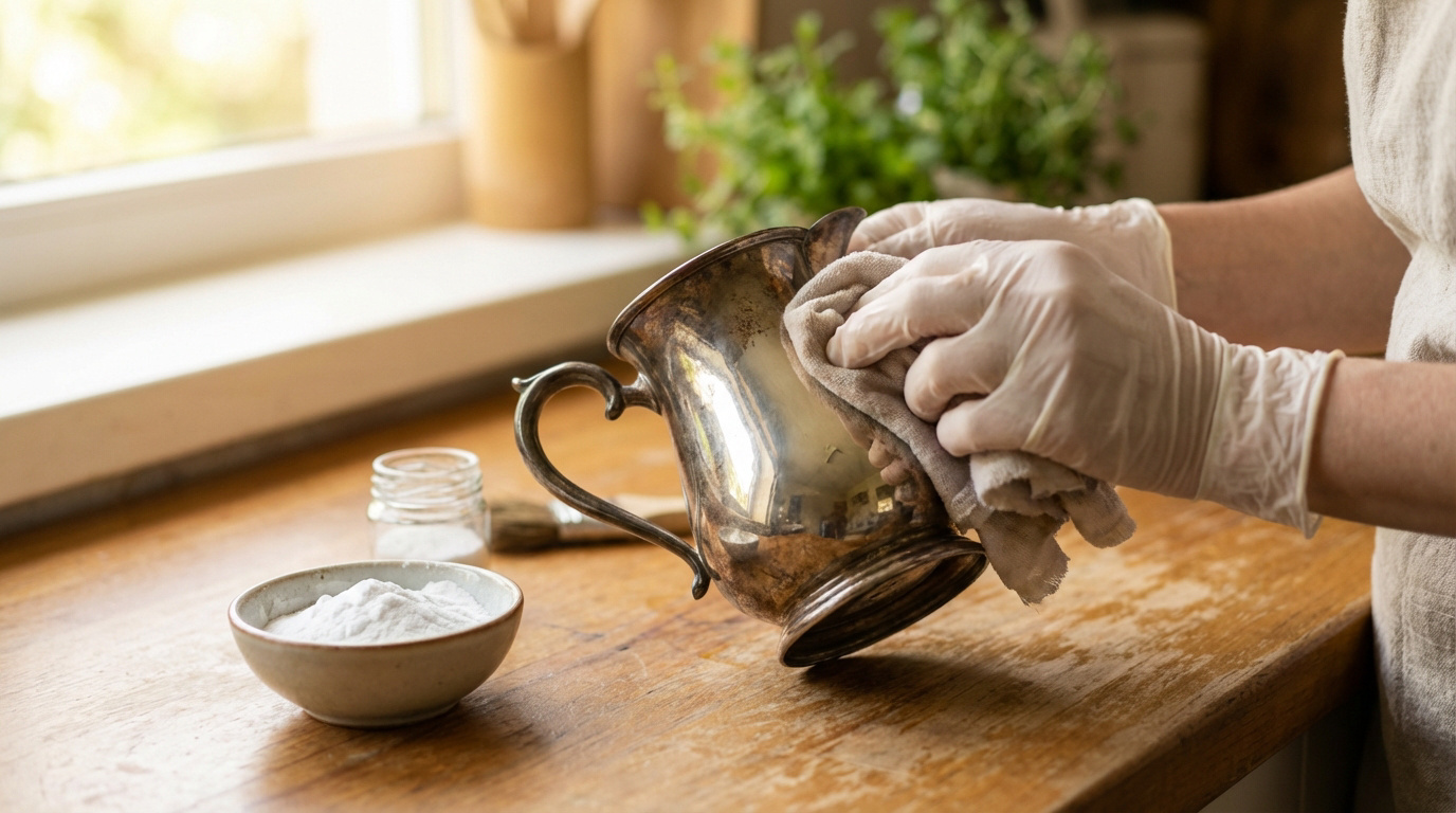 Une personne gantée polit un pichet en métal terni avec un chiffon. Du bicarbonate de soude est visible sur un comptoir en bois.