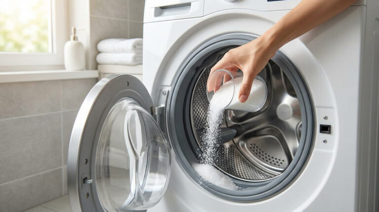Une main verse de la poudre blanche (acide citrique) dans le tambour d'un lave-linge ouvert pour le nettoyage.
