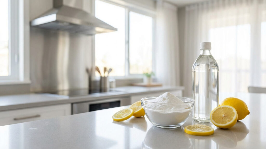 Bouteille de vinaigre blanc, bol de bicarbonate de soude et citrons frais sur un comptoir de cuisine lumineux.