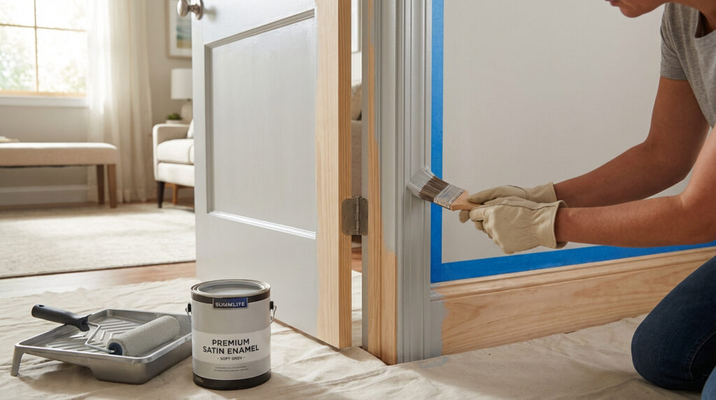 Personne peignant un encadrement de porte gris avec précision, ruban adhésif bleu. Matériel de peinture au sol, pièce lumineuse.