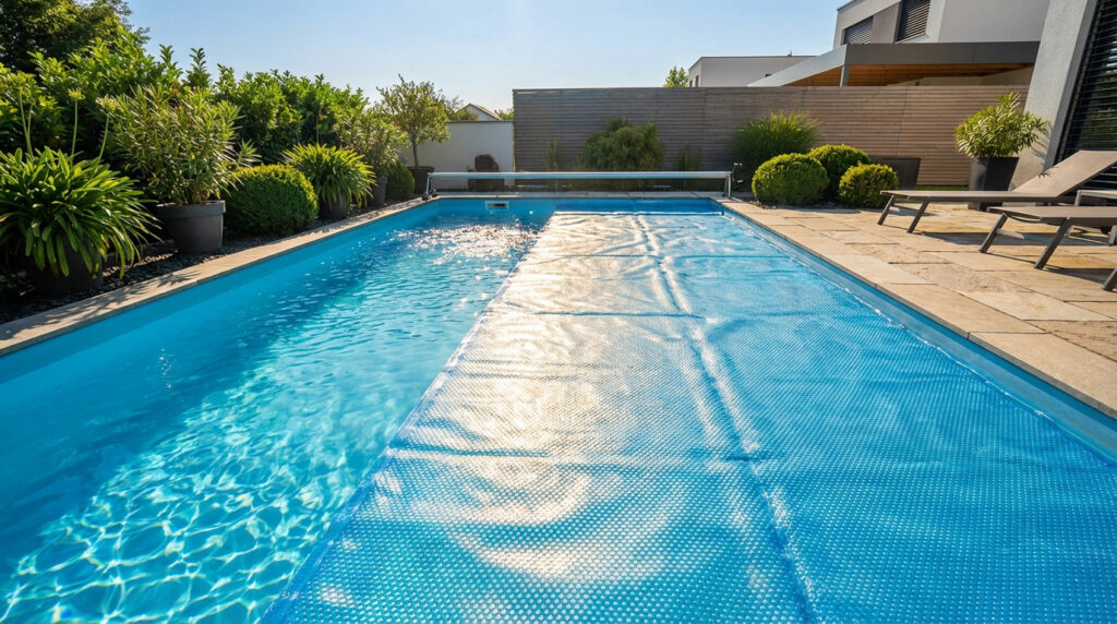 Piscine extérieure moderne, à moitié couverte par une bâche à bulles bleue sous un soleil éclatant, avec végétation luxuriante et transats.