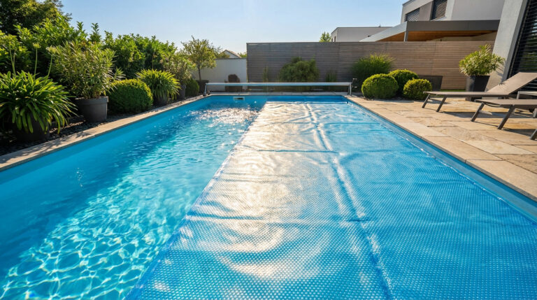 Piscine extérieure moderne, à moitié couverte par une bâche à bulles bleue sous un soleil éclatant, avec végétation luxuriante et transats.