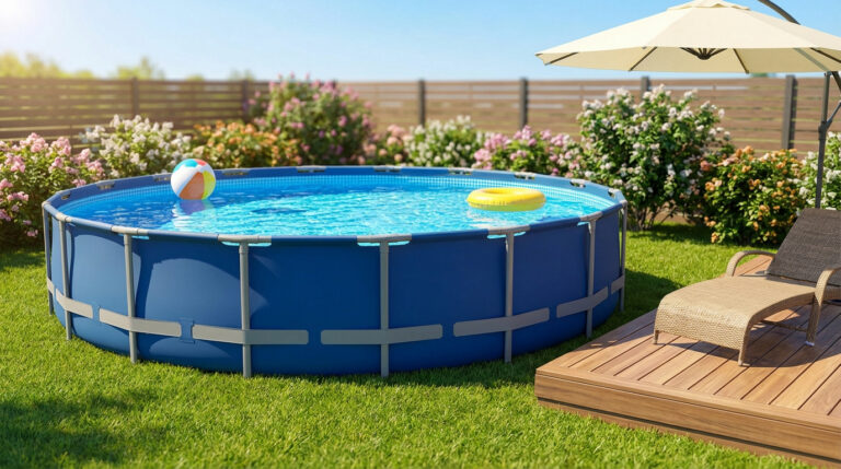 Piscine tubulaire ronde bleue dans un jardin verdoyant avec pelouse, fleurs, transat et parasol pour l'été.