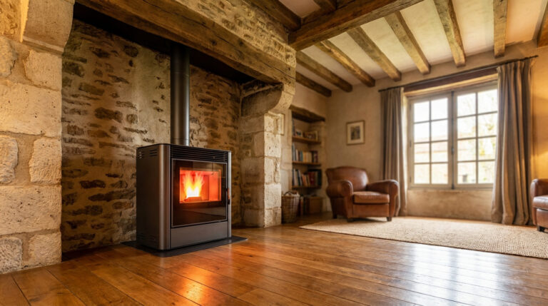 Intérieur chaleureux d'une maison ancienne avec un poêle à granulés en fonctionnement, murs en pierre, poutres en bois et parquet.