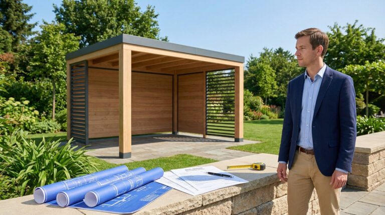 Homme en blazer devant un abri en bois, des plans architecturaux et un mètre ruban sur un muret de jardin ensoleillé.