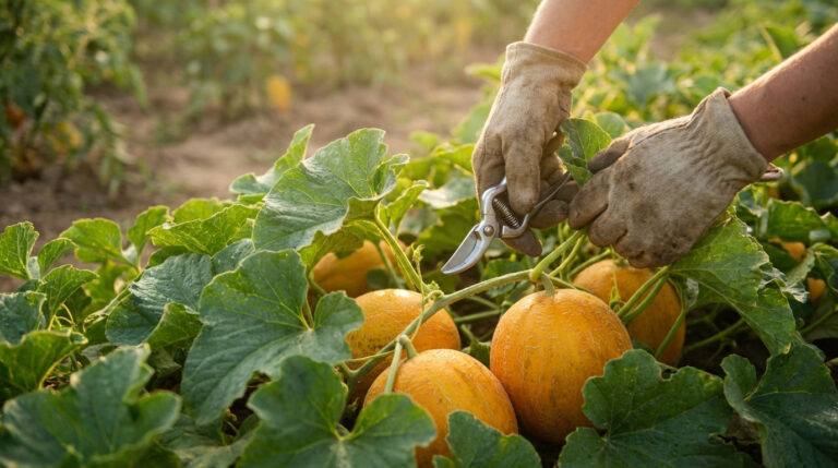 Gros plan sur des mains gantées taillant une plante de melon avec un sécateur. Des melons mûrs et des feuilles vertes abondent.