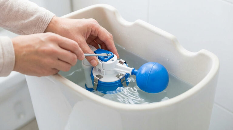 Mains ajustant un robinet flotteur bleu et blanc dans le réservoir d'une chasse d'eau avec un tournevis.