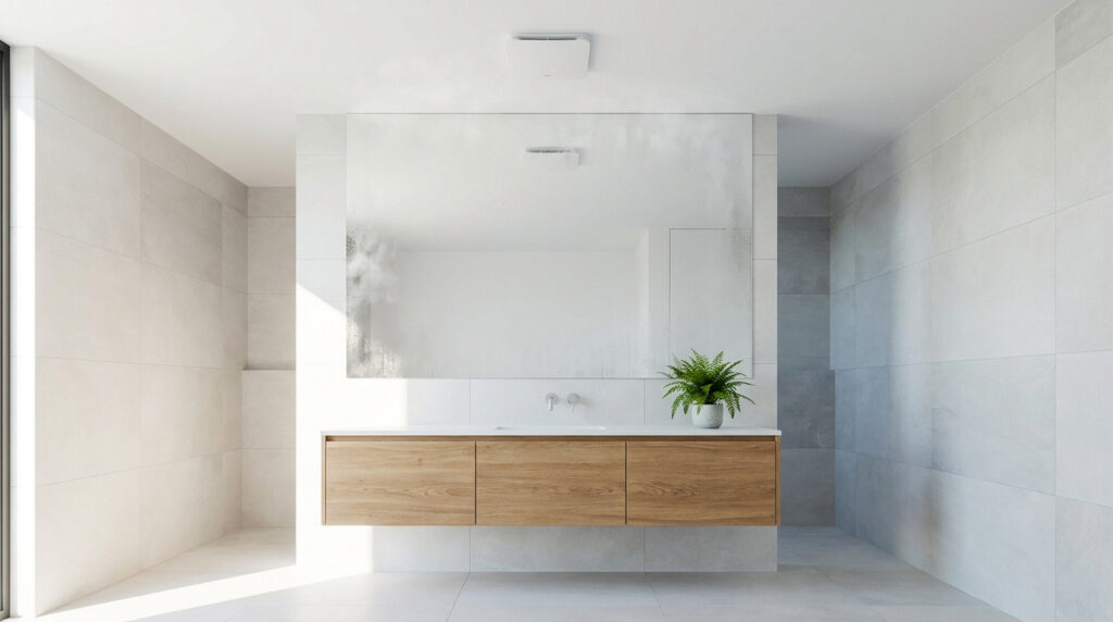 Salle de bain moderne et épurée. Le miroir est embué, un meuble vasque en bois flottant et un aérateur de plafond sont visibles.