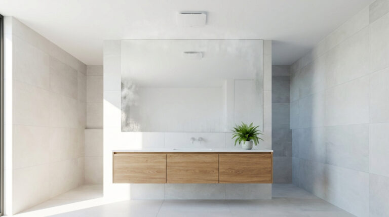 Salle de bain moderne et épurée. Le miroir est embué, un meuble vasque en bois flottant et un aérateur de plafond sont visibles.