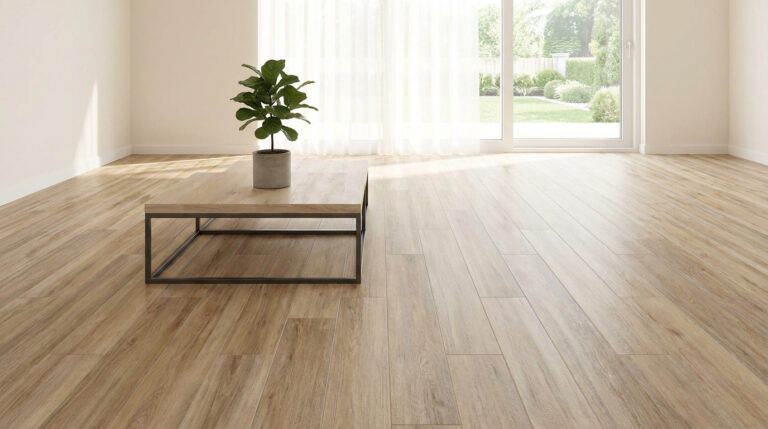 Pièce lumineuse au sol carrelage imitation parquet clair, posé longitudinalement. Table basse moderne, plante verte, baie vitrée sur jardin.