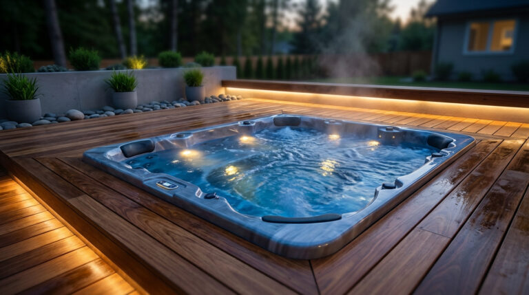 Vue d'un spa encastré dans une terrasse en bois clair, avec un éclairage d'ambiance et de la vapeur s'élevant de l'eau.