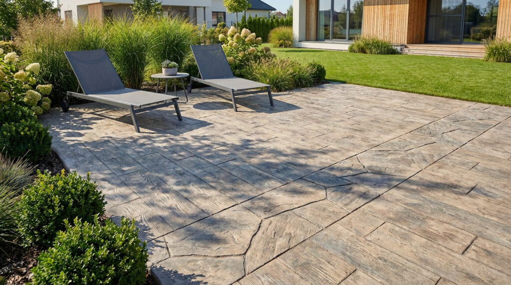 Terrasse moderne en béton imprimé aspect bois et pierre, avec deux chaises longues et verdure luxuriante près d'une maison.