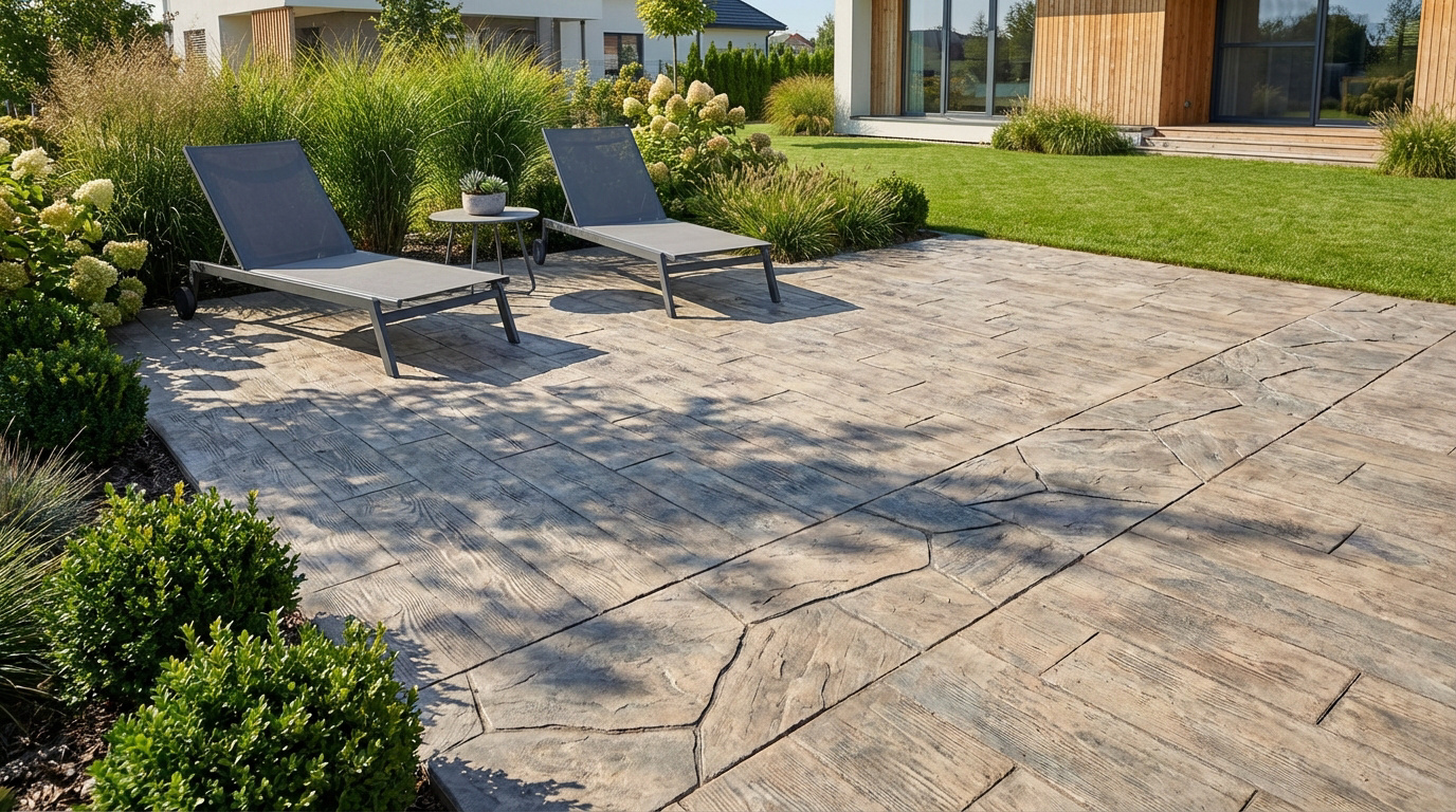 Terrasse moderne en béton imprimé aspect bois et pierre, avec deux chaises longues et verdure luxuriante près d'une maison.
