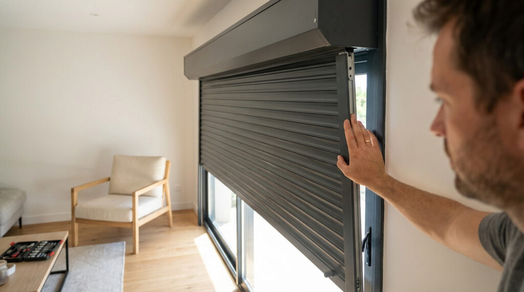 Un homme avec une alliance inspecte un volet roulant gris partiellement descendu. Une boîte à outils suggère un dépannage.