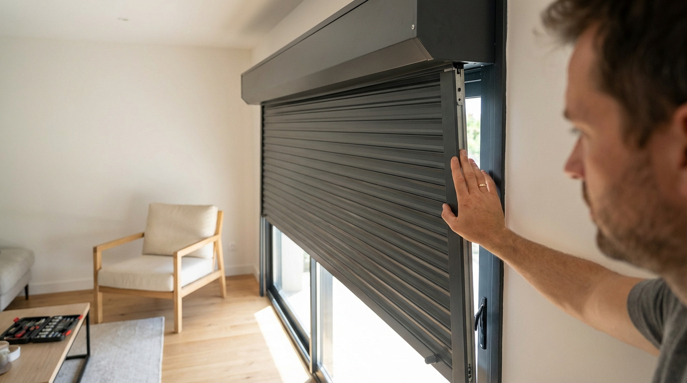 Un homme avec une alliance inspecte un volet roulant gris partiellement descendu. Une boîte à outils suggère un dépannage.