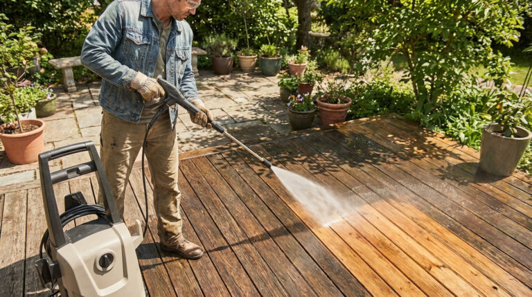 Homme nettoie une terrasse en bois avec un nettoyeur haute pression. Le bois retrouve sa couleur naturelle après le décapage.