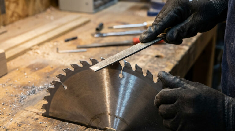 Des mains gantées affûtent une lame de scie circulaire à l'aide d'une lime à grain fin sur un établi d'atelier.