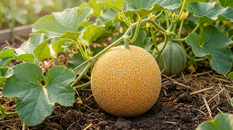 Melon charentais mûr et orangé, encore attaché à sa plante, reposant sur la terre d'un jardin ensoleillé. Un melon vert immature est visible à l'arrière.