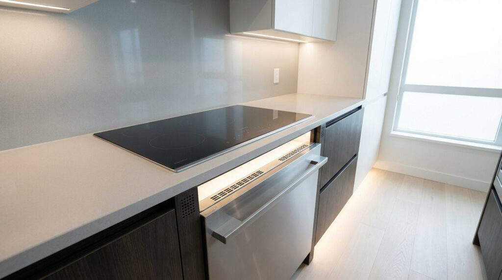 Cuisine moderne : plaque à induction noire, lave-vaisselle en inox, comptoirs clairs, éclairage sous meuble.