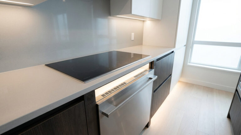 Cuisine moderne : plaque à induction noire, lave-vaisselle en inox, comptoirs clairs, éclairage sous meuble.