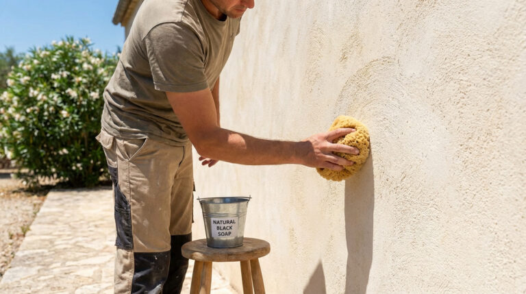 Un homme nettoie délicatement un mur à la chaux extérieur avec une éponge naturelle et un seau de savon noir.