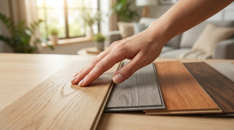 Main effleurant des échantillons de parquet stratifié de diverses teintes boisées et grisées sur une table en bois, dans un intérieur lumineux.