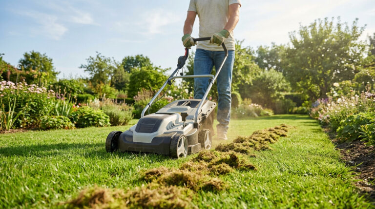 Un homme en jean et t-shirt clair scarifie son gazon vert avec un scarificateur électrique, laissant des rangées de mousse arrachée.