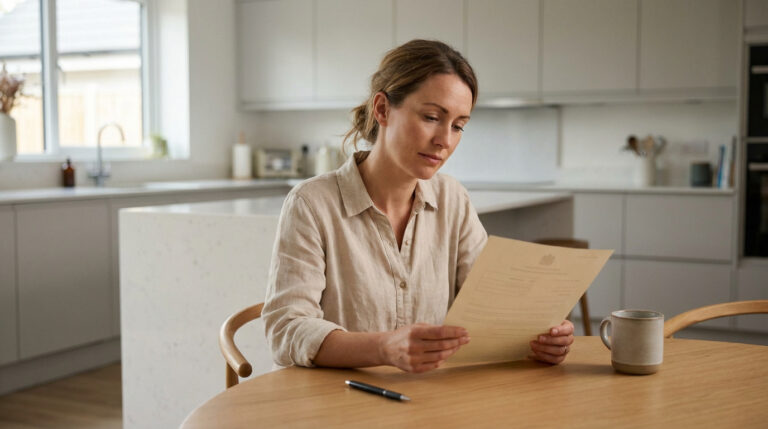 Une femme concentrée lit des documents à une table en bois dans une cuisine moderne. Une tasse et un stylo sont posés près d'elle.
